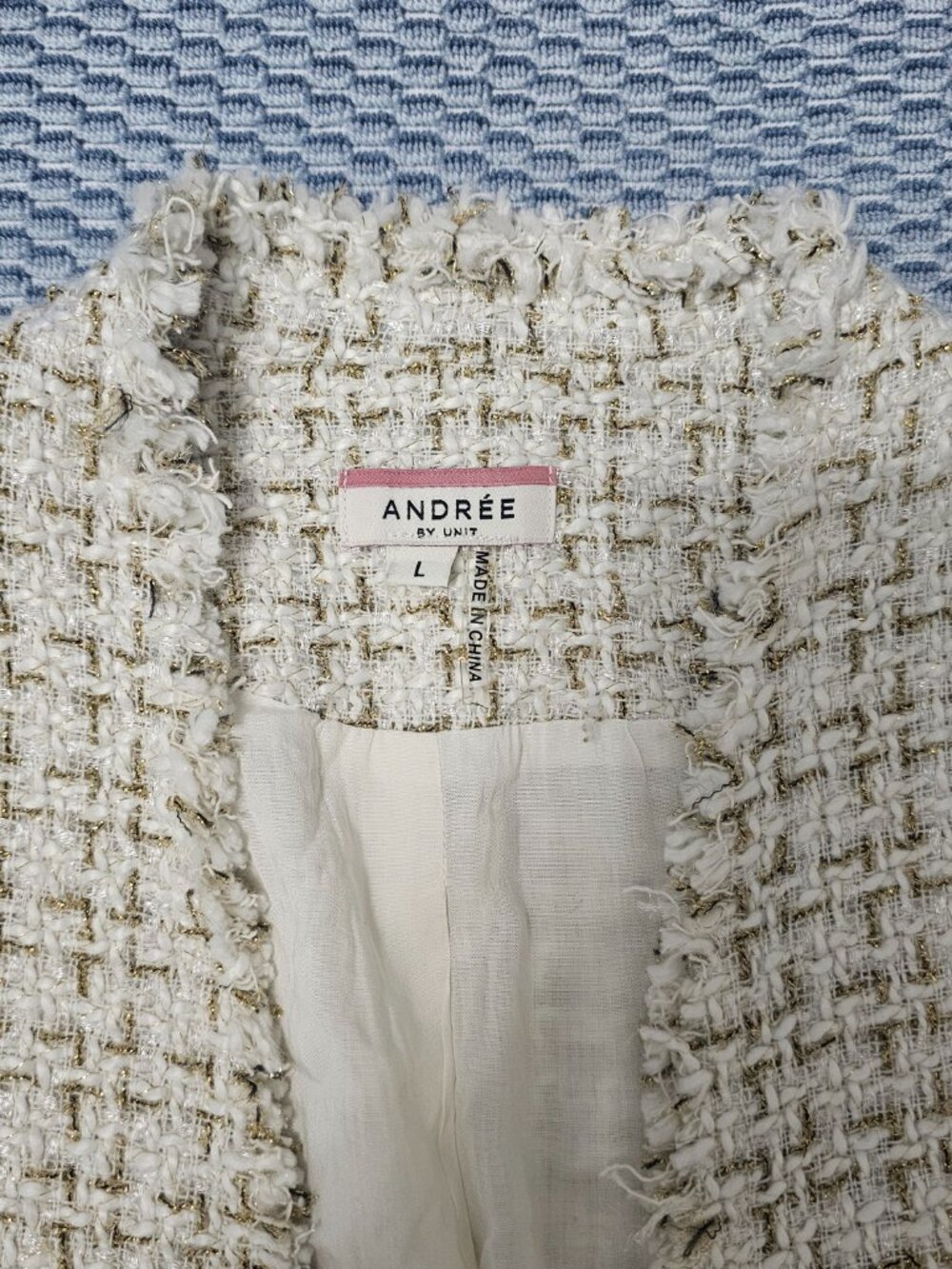 Andree By Unit Tweed Plaid Gold and White Full Open Women's Blazer - Size Large - Picture 4 of 7